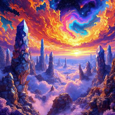 The primary subject of the image is a group of tall, colorful crystal-like structures, possibly resembling a mountain range or a series of towers. These structures are situated in a purple, cloudy sky, which serves as the setting for the scene. The visual style of the image is digital art, as it appears to be a painting or drawing created using digital tools. The colors and mood of the image are vibrant and whimsical, with the purple sky and the colorful crystals creating